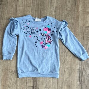 Girls' Light Blue Unicorn Heart Sweatshirt with Ruffle Shoulders